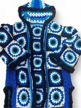 Handmade Crochet Hooded Cardigan - Blue & White Granny Squares